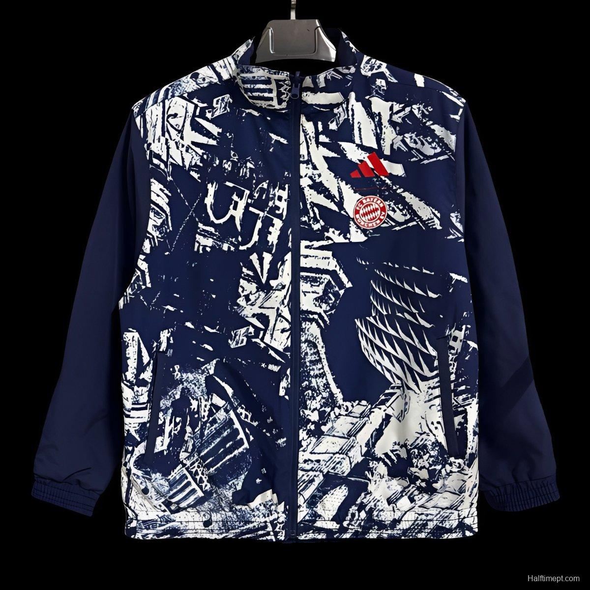 25/26 Bayern Munich Navy Blue with White Abstract Graffiti Pattern Full Zipper Windbreaker
