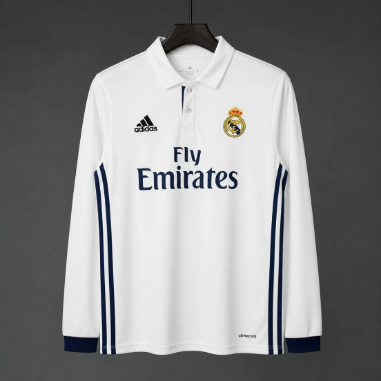 Retro 16/17 Real Madrid White with Navy Blue Stripes Home Long Sleeve Jersey