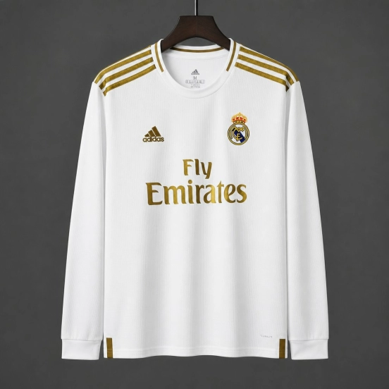Retro 19/20 Real Madrid White with Gold Stripes Home Long Sleeve Jersey